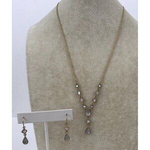 Vintage Avon Nina Ricci Gold Toned Y Necklace & Earrings Set Clear Rhinestones